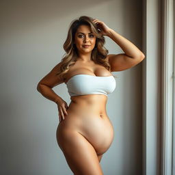 A full-body portrait of a beautiful 38-year-old white woman, showcasing her natural curves with emphasis on her prominent figure, including a gracefully shaped big ass and full breasts