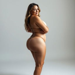 A full-body portrait of a beautiful 38-year-old white woman, showcasing her natural curves with emphasis on her prominent figure, including a gracefully shaped big ass and full breasts