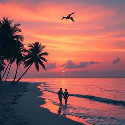 A serene beach at sunset with palm trees swaying gently in the breeze