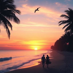 A serene beach at sunset with palm trees swaying gently in the breeze