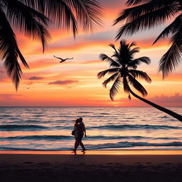 A serene beach at sunset with palm trees swaying gently in the breeze