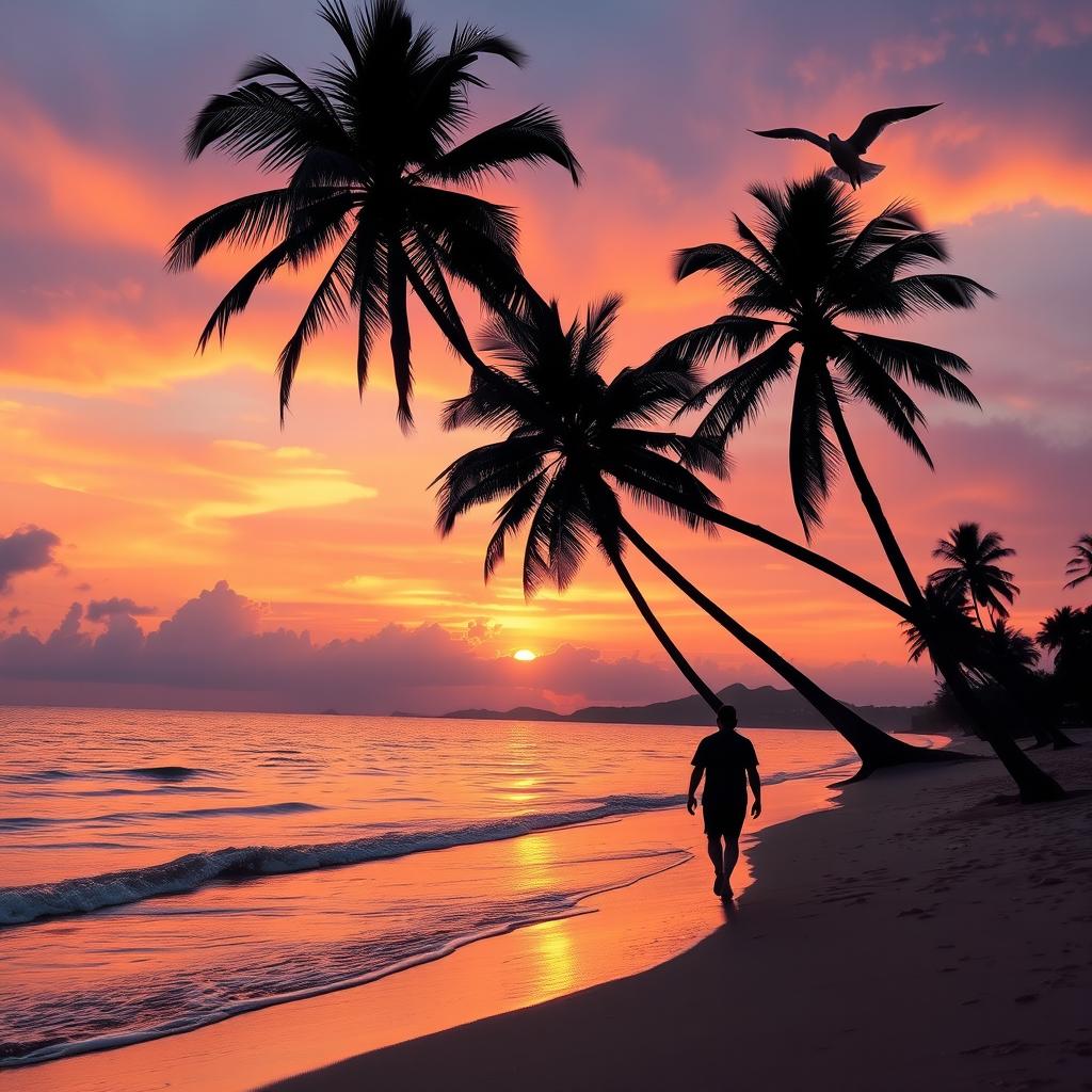 A serene beach at sunset with palm trees swaying gently in the breeze