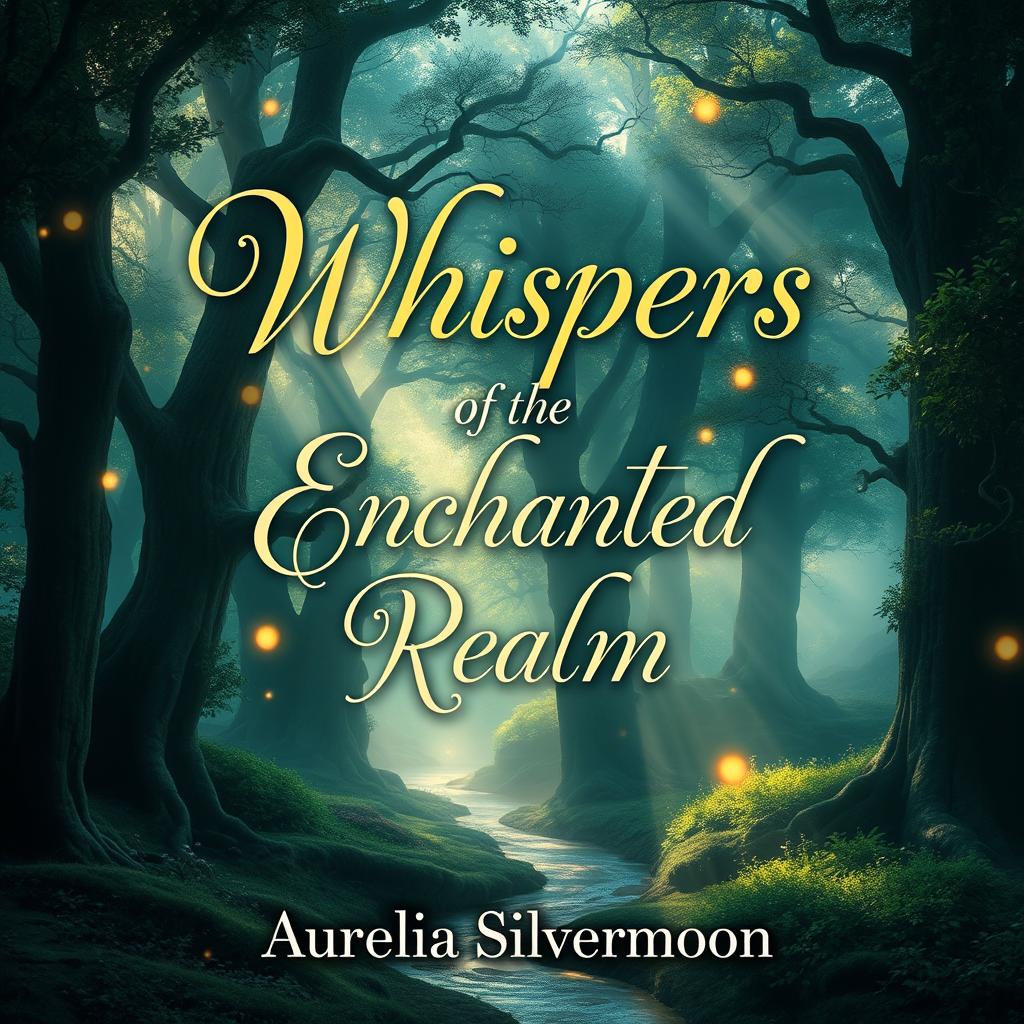 A stunning novel cover design featuring an enchanting scene of a mystical forest enveloped in gentle mist and dappled sunlight streaming through ancient, towering trees