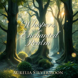 A stunning novel cover design featuring an enchanting scene of a mystical forest enveloped in gentle mist and dappled sunlight streaming through ancient, towering trees