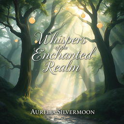 A stunning novel cover design featuring an enchanting scene of a mystical forest enveloped in gentle mist and dappled sunlight streaming through ancient, towering trees