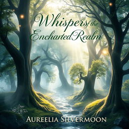 A stunning novel cover design featuring an enchanting scene of a mystical forest enveloped in gentle mist and dappled sunlight streaming through ancient, towering trees