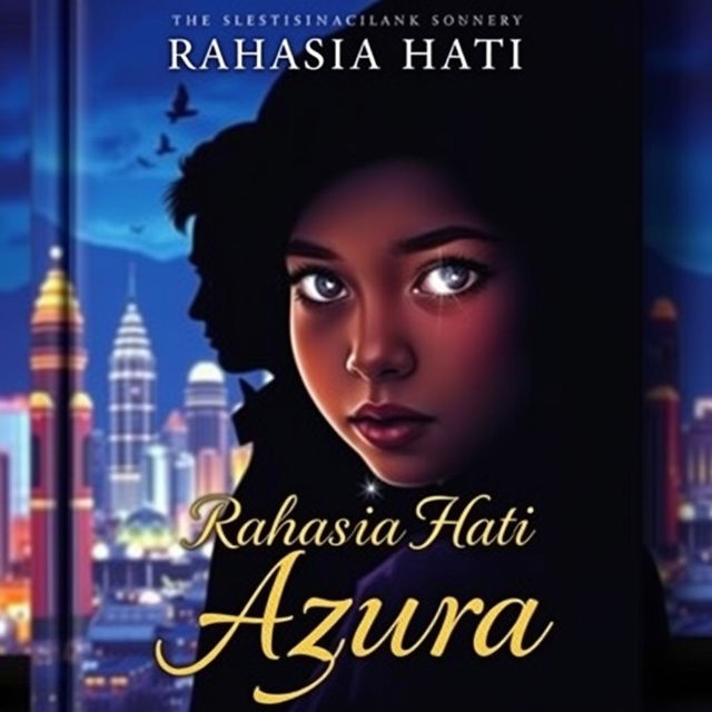 A captivating novel cover featuring the silhouette of Jakarta's skyline at night, with dazzling city lights and skyscrapers in the background