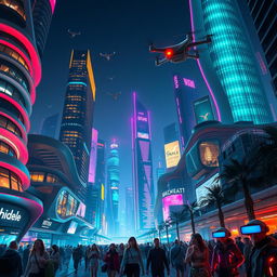 A futuristic cityscape at night, with neon lights of various colors reflecting off sleek skyscrapers