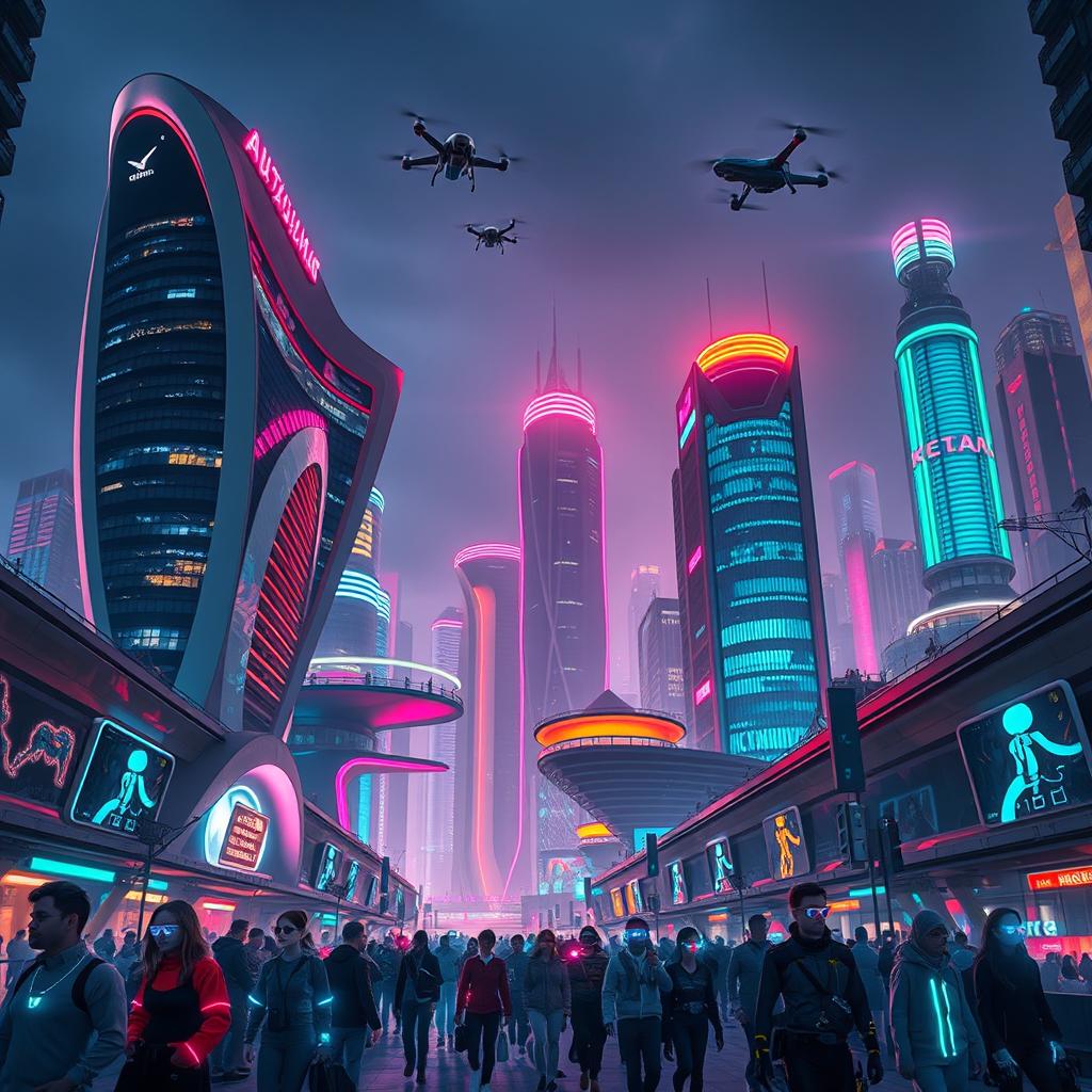 A futuristic cityscape at night, with neon lights of various colors reflecting off sleek skyscrapers