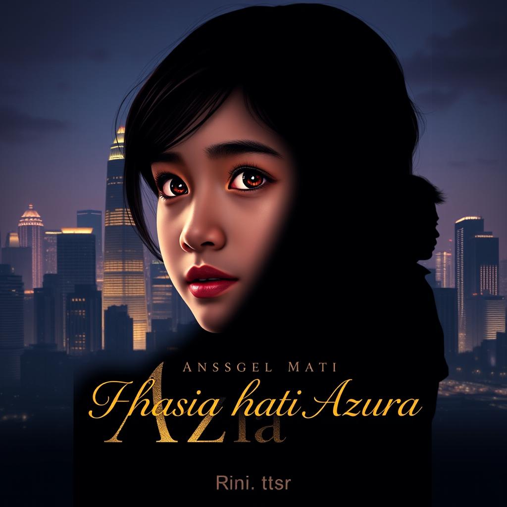 A novel cover with dimensions 640x736 pixels featuring the silhouette of Jakarta's skyline at night, showcasing skyscrapers and glimmering city lights as the background