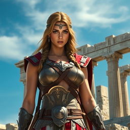 Cassandra from Assassin's Creed set against an ancient Greek backdrop