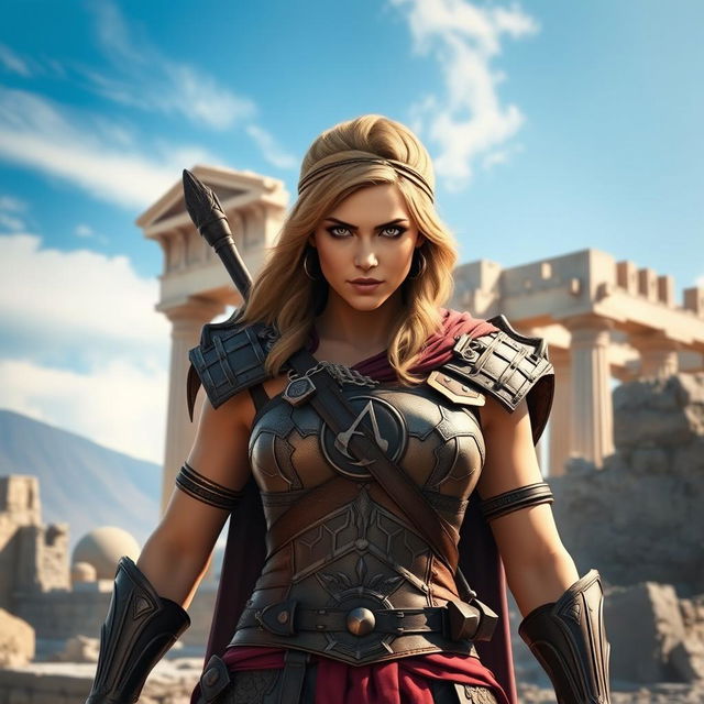 Cassandra from Assassin's Creed set against an ancient Greek backdrop