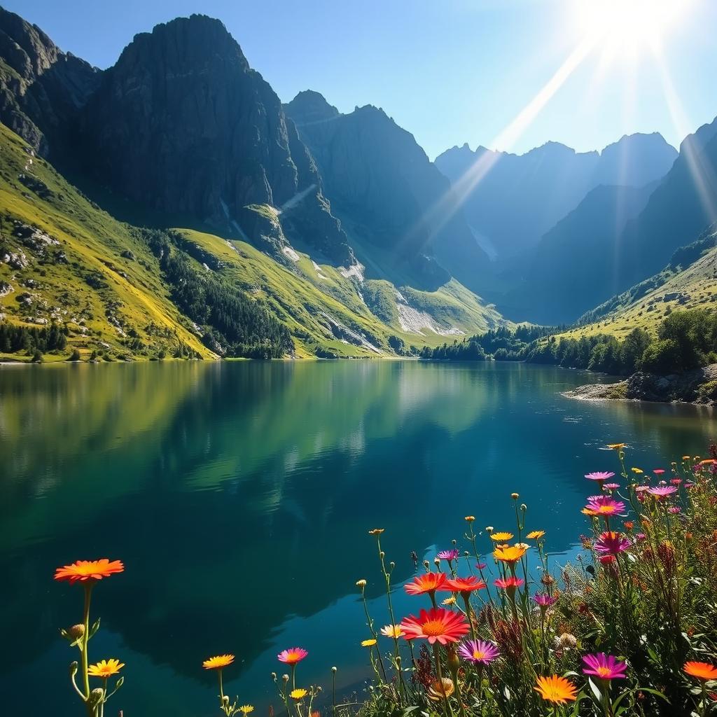 Beautiful landscape with a serene lake surrounded by lush mountains, dotted with vibrant wildflowers under a clear blue sky