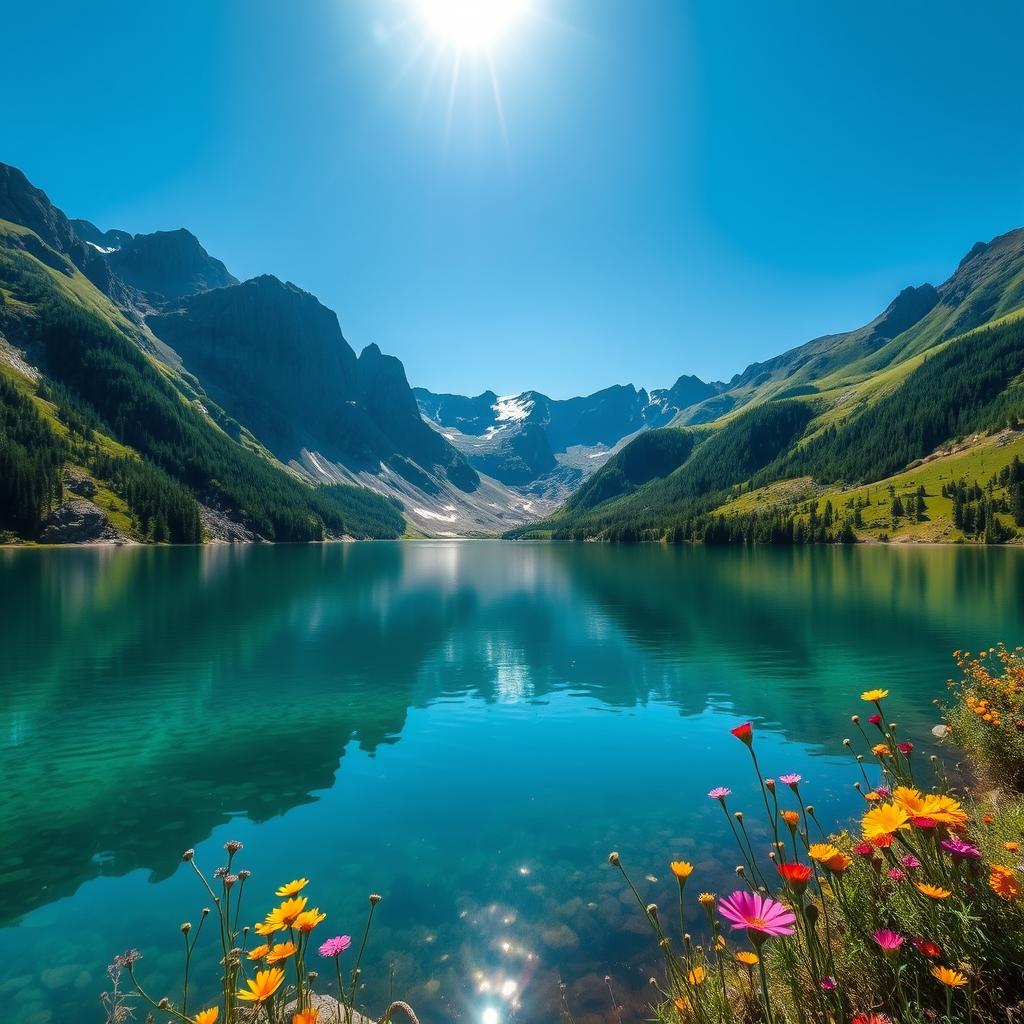 Beautiful landscape with a serene lake surrounded by lush mountains, dotted with vibrant wildflowers under a clear blue sky