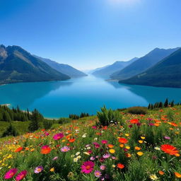 Beautiful landscape with a serene lake surrounded by lush mountains, dotted with vibrant wildflowers under a clear blue sky