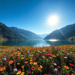 Beautiful landscape with a serene lake surrounded by lush mountains, dotted with vibrant wildflowers under a clear blue sky