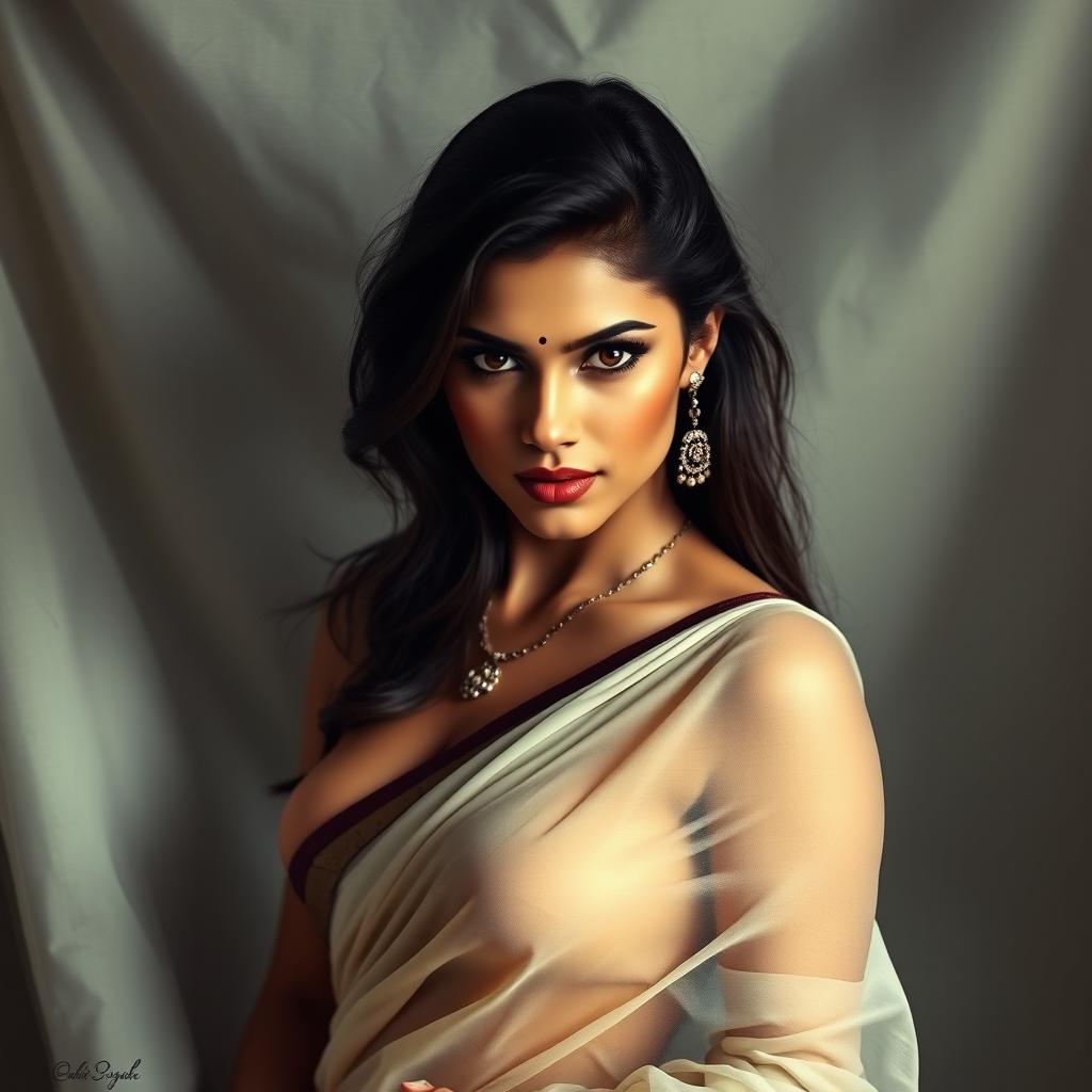 A realistic and artistic portrayal of an Indian woman in a traditional saree, styled in a revealing and alluring manner