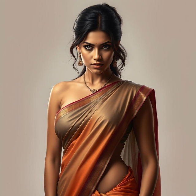 A realistic and artistic portrayal of an Indian woman in a traditional saree, styled in a revealing and alluring manner