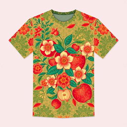 A t-shirt design featuring a fusion of traditional batik style with floral and apple motifs