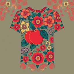 A t-shirt design featuring a fusion of traditional batik style with floral and apple motifs