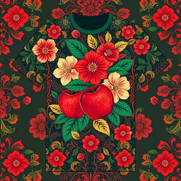 A t-shirt design featuring a fusion of traditional batik style with floral and apple motifs