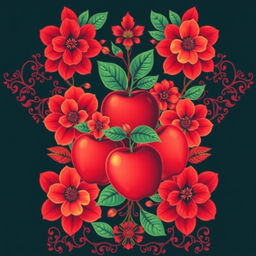 A t-shirt design featuring a fusion of traditional batik style with floral and apple motifs