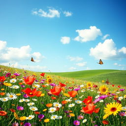 A vibrant spring meadow filled with colorful wildflowers