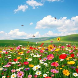 A vibrant spring meadow filled with colorful wildflowers