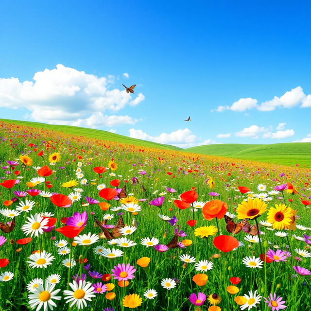 A vibrant spring meadow filled with colorful wildflowers