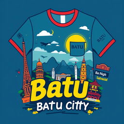 A vibrant and eye-catching T-shirt design featuring the famous landmarks and slogans associated with Batu City, a popular tourist destination in Indonesia