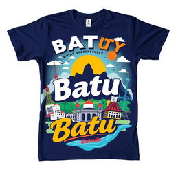 A vibrant and eye-catching T-shirt design featuring the famous landmarks and slogans associated with Batu City, a popular tourist destination in Indonesia