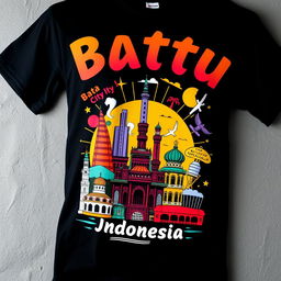 A vibrant and eye-catching T-shirt design featuring the famous landmarks and slogans associated with Batu City, a popular tourist destination in Indonesia