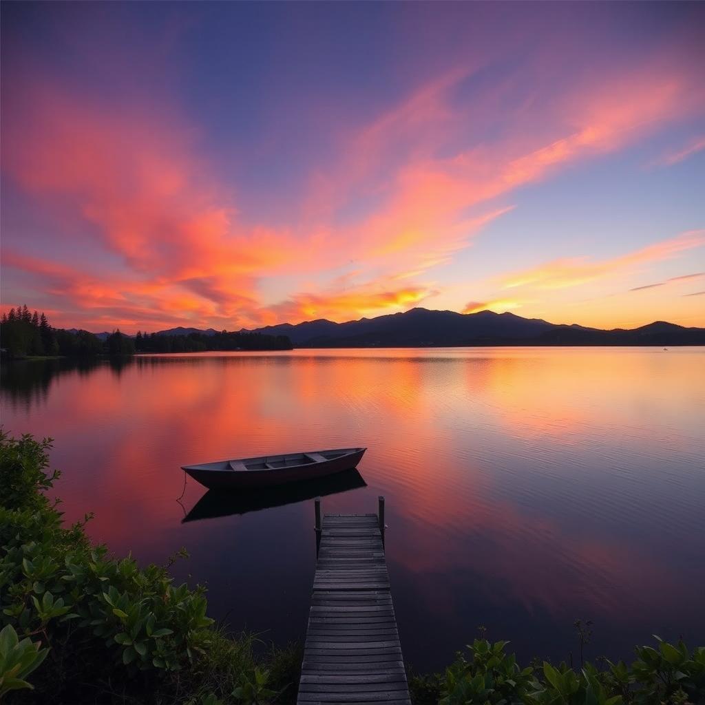 a serene sunset over a tranquil lake with a rowboat gently floating on the water