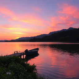 a serene sunset over a tranquil lake with a rowboat gently floating on the water