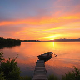 a serene sunset over a tranquil lake with a rowboat gently floating on the water