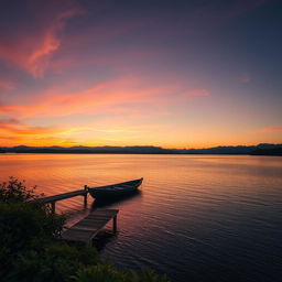 a serene sunset over a tranquil lake with a rowboat gently floating on the water