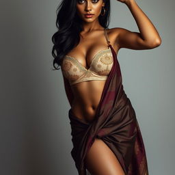 A sensual depiction of a sultry Indian woman wearing a short bra and a saree, accentuating her navel and exposing one thigh