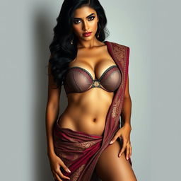 A sensual depiction of a sultry Indian woman wearing a short bra and a saree, accentuating her navel and exposing one thigh