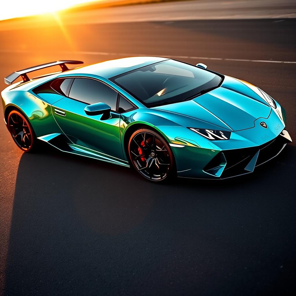 A Lamborghini Revuelto wrapped in a stunning Hexis chrome turquoise finish, reflecting light in captivating patterns