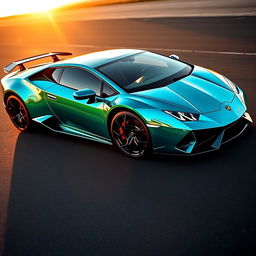 A Lamborghini Revuelto wrapped in a stunning Hexis chrome turquoise finish, reflecting light in captivating patterns