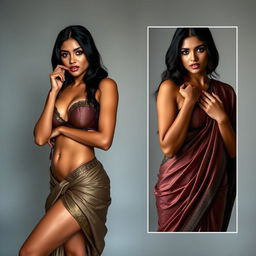 A sensual depiction of a sultry Indian woman wearing a short bra and a saree, accentuating her navel and exposing one thigh