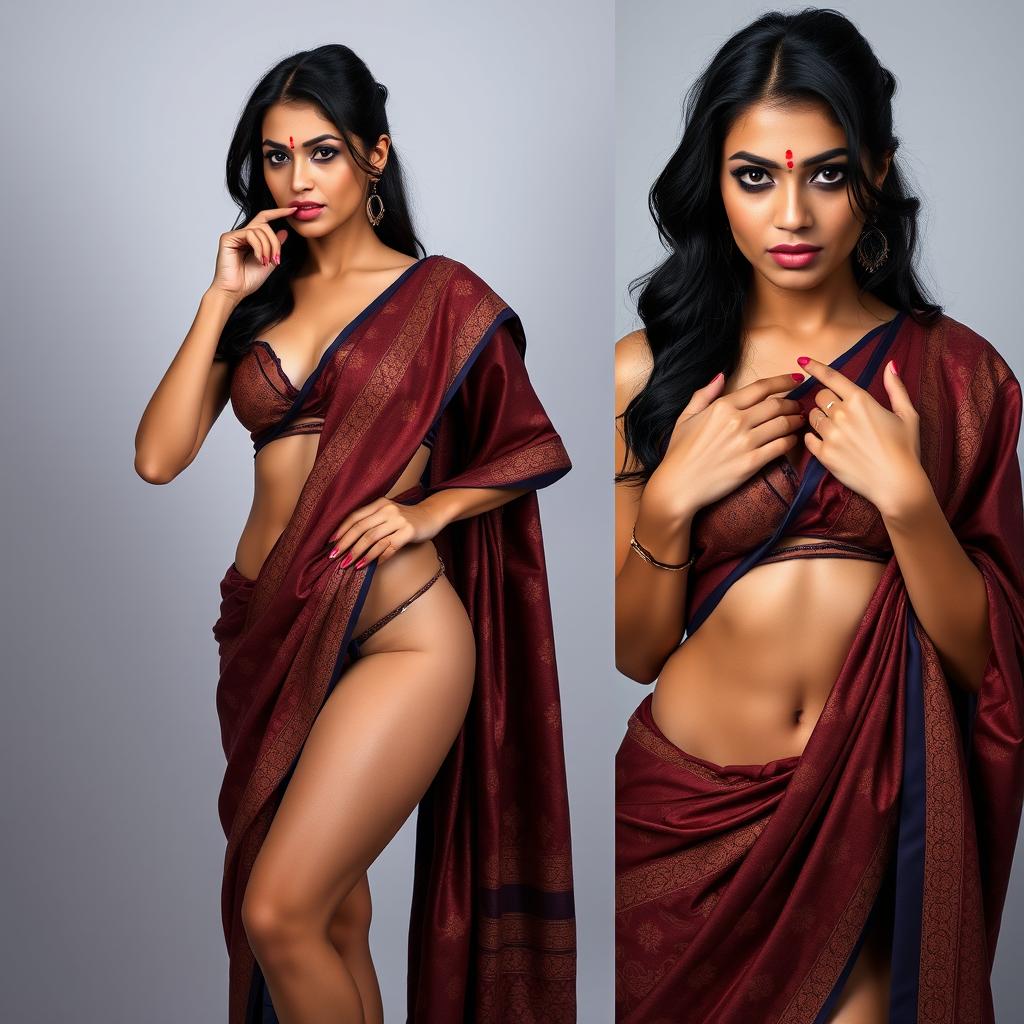 A sensual depiction of a sultry Indian woman wearing a short bra and a saree, accentuating her navel and exposing one thigh