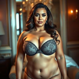 A voluptuous woman with a confident pose, wearing an open bra that showcases her large breasts