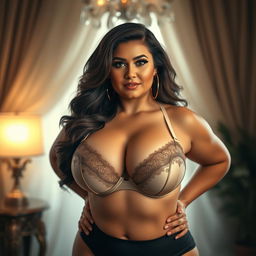 A voluptuous woman with a confident pose, wearing an open bra that showcases her large breasts