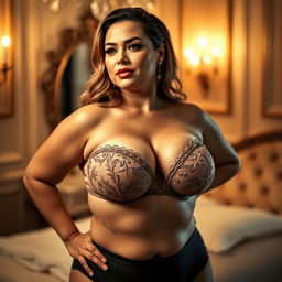 A voluptuous woman with a confident pose, wearing an open bra that showcases her large breasts