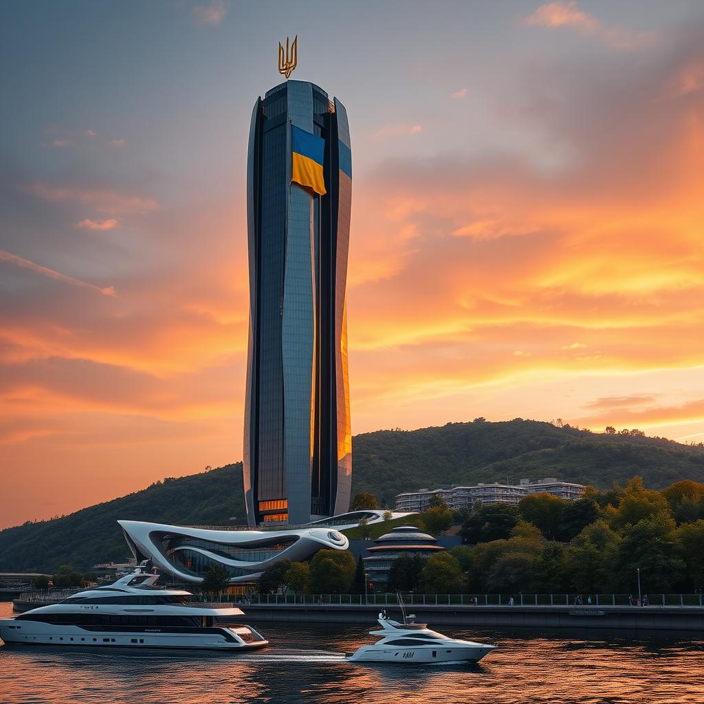 A futuristic bionic skyscraper with 50 floors stands majestically on a riverbank during a stunning sunset