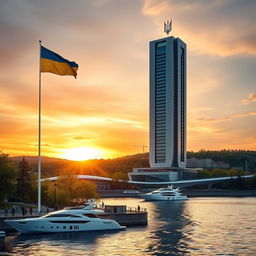 A futuristic bionic skyscraper with 50 floors stands majestically on a riverbank during a stunning sunset