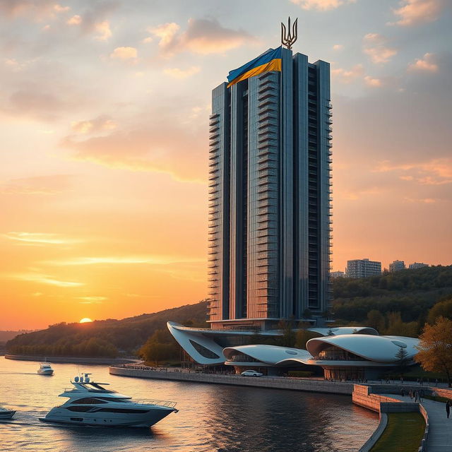 A futuristic bionic skyscraper with 50 floors stands majestically on a riverbank during a stunning sunset