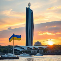 A futuristic bionic skyscraper with 50 floors stands majestically on a riverbank during a stunning sunset