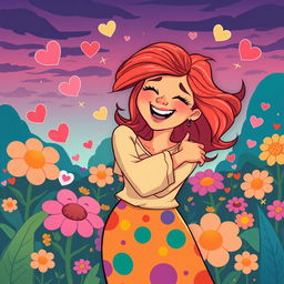 A cartoonish illustration of a woman with joyful expression, blissfully hugging herself in an endearing embrace